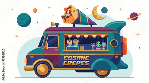 This charming illustration depicts a whimsical food truck named Cosmic Crepes adorned with space-themed elements, serving delicious crepes with a fun alien mascot.