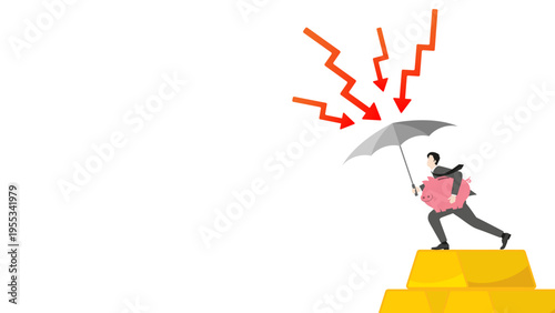 Businessman standing on stacked gold bars holding a piggy bank and umbrella to protect savings from red downward zigzag arrows, representing high value asset defense in bear market