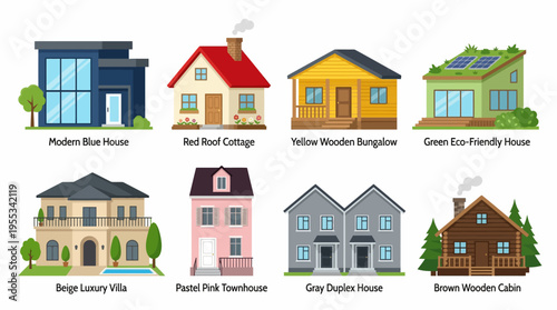 Vector illustration of various colorful houses including modern blue house, red roof cottage, yellow bungalow, and green eco friendly home.