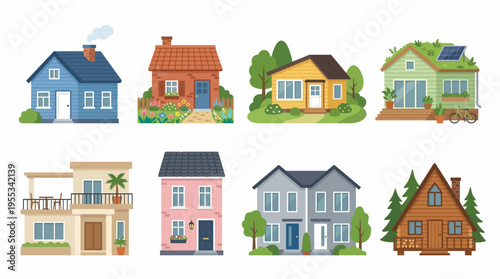 A vector illustration of various colorful houses and buildings in a suburban neighborhood with trees and gardens.