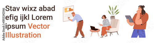 Teamwork, remote work, project management, technology use, workplace productivity, digital planning. Individuals writing, working remotely and using gadgets. Teamwork and remote work concept