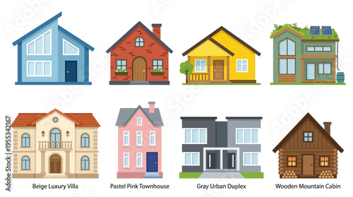 Vector illustration of various colorful houses and buildings in a row showcasing different architectural styles and designs.