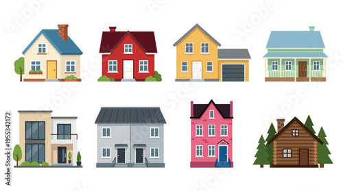 A vector illustration of various colorful houses and buildings in a suburban neighborhood scene with trees.