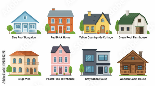 A vector illustration of various colorful houses including a blue roof bungalow, red brick home, and yellow countryside cottage in a suburban neighborhood scene.