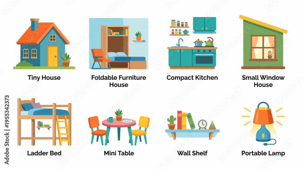 Naklejka premium Vector illustration of a compact tiny house interior with foldable furniture and miniature decor