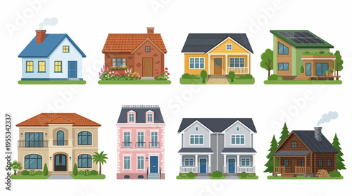 A vector illustration of various colorful houses with different architectural styles and designs in a suburban neighborhood setting.