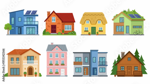 Vector illustration of various colorful houses and buildings in a row on a white background with trees and solar panels