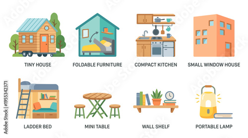Vector illustrations showcase tiny homes, foldable furniture, and compact kitchens with minimal decor and vector-designed elements.
