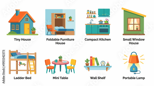 Vector illustration of a compact tiny house interior with foldable furniture and miniature decor