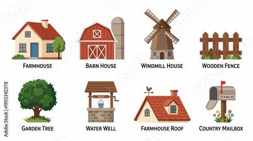 Vector illustrations of a rural scene featuring a farmhouse, barn house, windmill house, wooden fence, garden tree, water well, farmhouse roof, and country mailbox in a countryside setting.