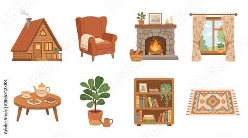 Cozy vector illustration of a house interior with furniture and decor, showing a warm fireplace, comfortable chair, and bookshelf in a peaceful living room setting with a plant.