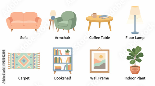 A vector illustration of a cozy living room interior with sofa, armchair, coffee table, and floor lamp surrounded by carpet, bookshelf, wall frame, and indoor plant.