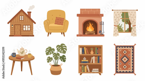 Cozy living room interior with vector house, armchair, fireplace, and decorative items at home.