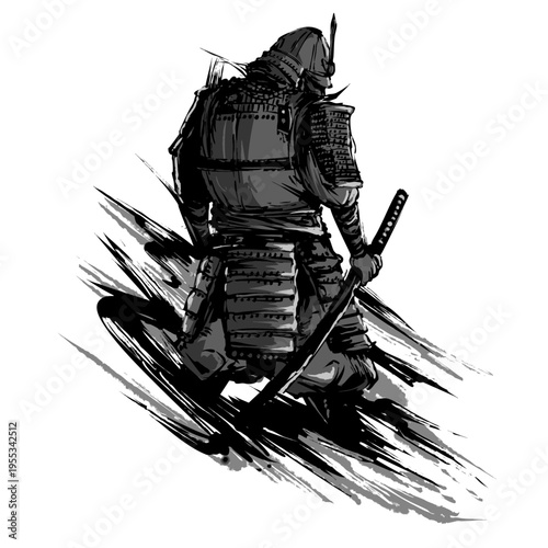 侍の後ろ姿の墨絵イラスト