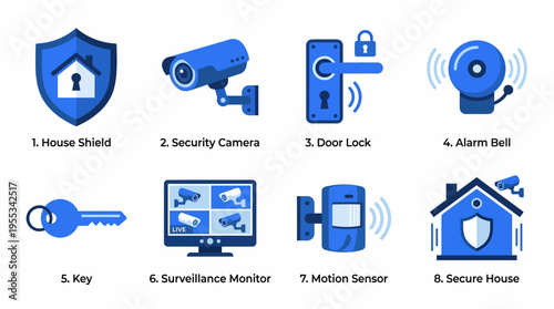 A vector graphic illustrating various home security devices including a shield, camera, door lock, alarm bell, key, monitor, motion sensor, and a secure house.