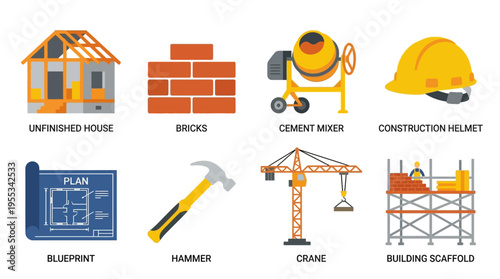 Construction workers build a house with vector graphics showing bricks and tools on a building site with a crane.