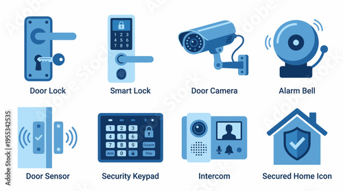 A vector graphic illustration of various smart home security devices including a door lock, smart lock, door camera, alarm bell, door sensor, security keypad, intercom, and secured home icons.