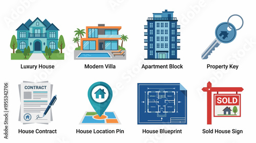 Vector illustration of a modern villa with a sold house sign and contract on a house blueprint background with a property key and location pin.