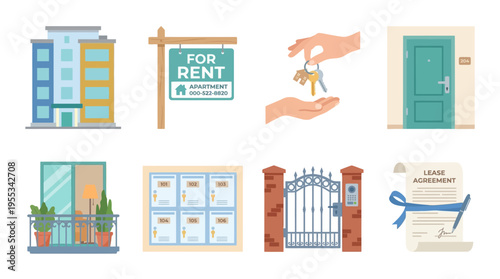 A vector illustration of a person renting a house with a for rent sign and keys, showing a building, door, and contract.