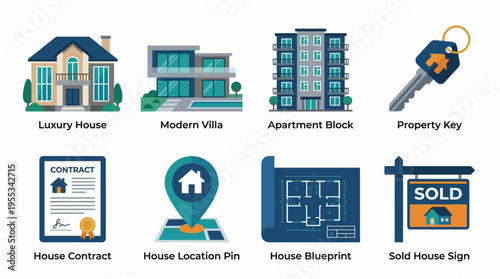 Vector graphic illustrations show a property key, luxury house, modern villa, apartment block, and real estate icons.