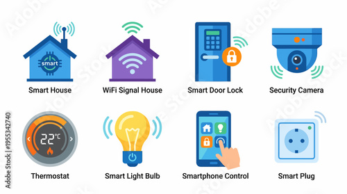 Vector graphics illustrate a smart home system with various devices and gadgets for automation and control.