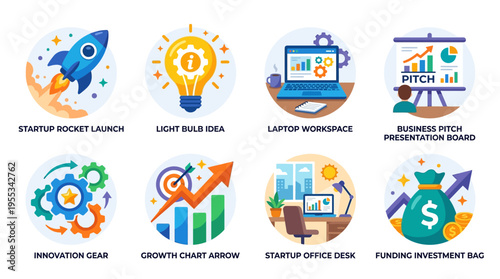 Vector graphics illustrate a startup's journey from innovative ideas to successful business growth and funding.