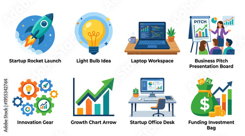 Business professionals gather around a laptop in a modern office with a vector growth chart and funding bag on the desk.