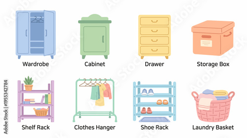 Vector illustration of a colorful home storage organization set with wardrobe, cabinet, drawer, storage box, shelf rack, clothes hanger, shoe rack, and laundry basket.