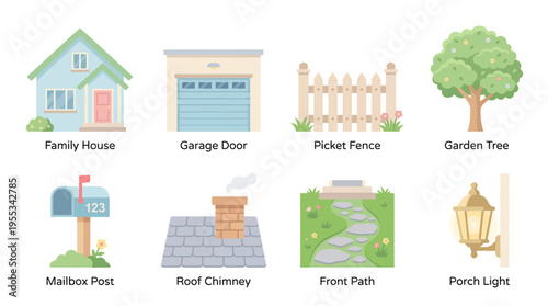 A vector illustration of a suburban home with a picket fence, garden tree, and porch light, surrounded by a mailbox post, front path, and roof chimney.