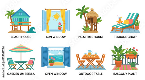 A vector illustration of a sunny beach house with a palm tree and outdoor furniture on a terrace chair near a garden umbrella and balcony plant.