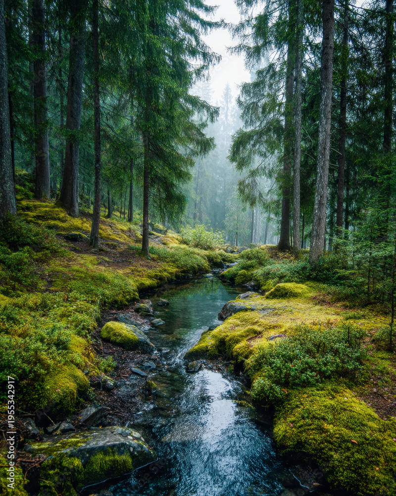 Obraz premium Serene sunlit forest with winding stream and moss-covered basalt stones among evergreen trees