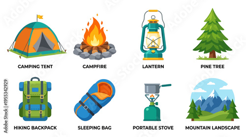 A serene mountain landscape with a vector illustration of a camping tent, campfire, lantern, pine tree, hiking backpack, sleeping bag, and portable stove.