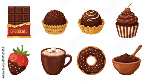 A vector illustration of various chocolate desserts and treats on a table with donuts cupcakes and strawberries.