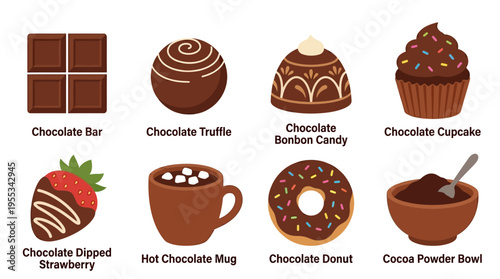A vector illustration of various chocolate treats on a table with a hot chocolate mug and bowl of cocoa powder surrounded by sweet desserts and candies.