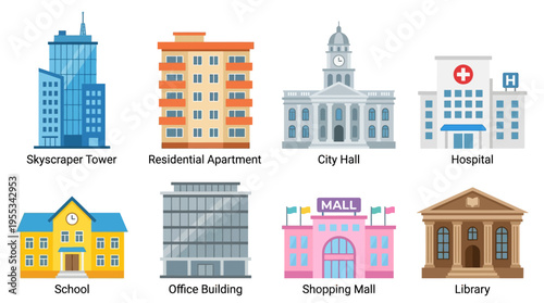 Vector illustration of various city buildings including skyscraper tower, residential apartment, city hall, hospital, school, office building, shopping mall, and library in a urban landscape.