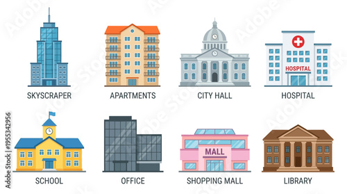 A vector illustration of various city buildings including a skyscraper, apartments, city hall, hospital, school, office, shopping mall, and library in a urban landscape setting from a bird's eye view.