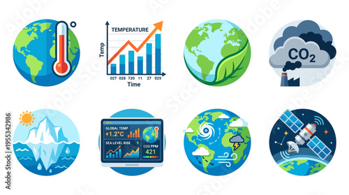 The global temperature rises with vector graphics showing CO2 emissions, climate change, and environmental impact on Earth.
