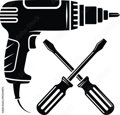 Professional handyman tool silhouette icon set featuring an electric power drill and crossed screwdrivers for home renovation, construction repair, diy projects, and maintenance services.