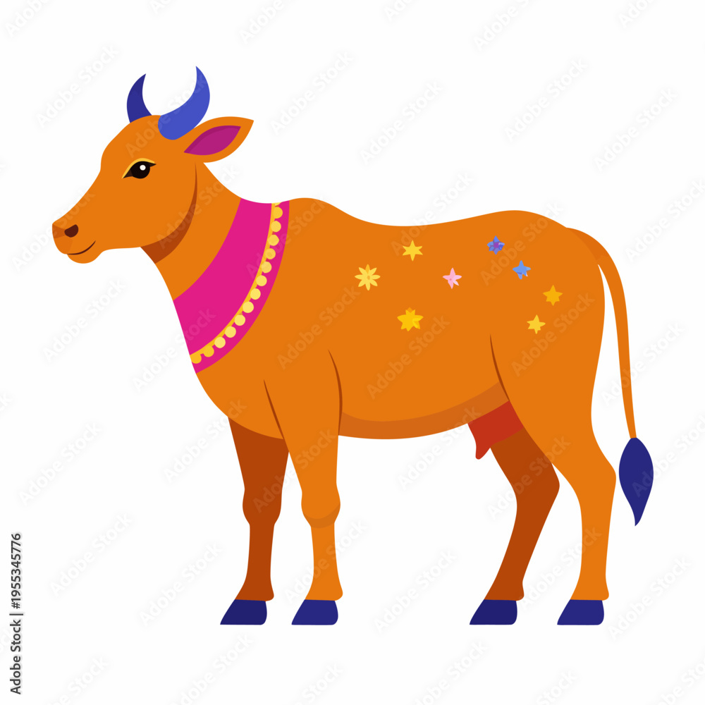 Fototapeta premium Playful Festive Cow Celebration with Decorative Collar and Stars – Cartoon Vector Illustration Viewed from Front Left Side on White Background