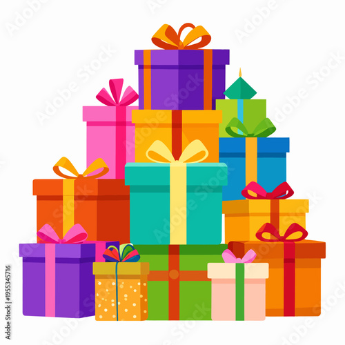 Vibrant celebration scene captured from a frontal viewpoint showing a pyramid of multicolored gift boxes with ribbons on a clean white studio backdrop, highlighting joyful gifting atmosphere