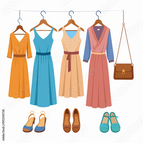 four colorful dresses on wooden hangers with coordinated shoes and purse, captured from a frontal view in a bright studio, highlighting organization and fashion