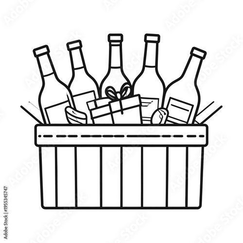 A minimalist illustration of a wooden crate holding four bottles and a wrapped gift, viewed straight-on on a clean white background, highlighting simple line drawing style