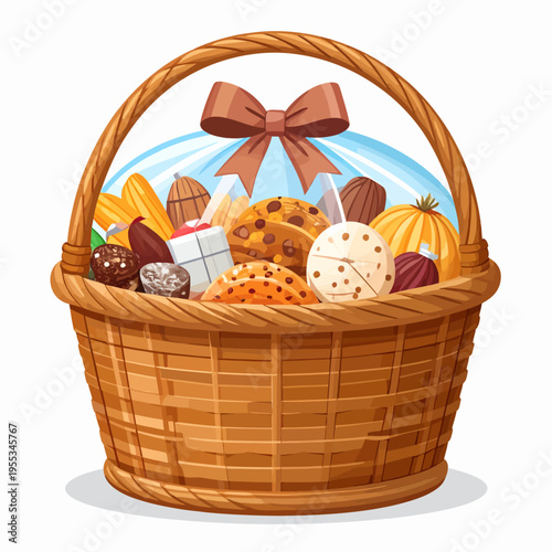 A warm indoor scene capturing a wicker basket overflowing with assorted foods, including cookies, pastry, nuts and a ribbon bow, photographed from a front angle on a plain white background