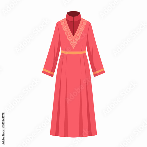 Elegant salmon-pink floor-length dress with ornate white lace collar, pleated bodice and yellow-orange striped cuffs, captured from a frontal viewpoint in a studio illustration