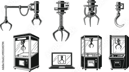 WebRetro monochrome vector set of arcade claw crane machines robotic mechanical arms and grabbing hooks isolated on white background for gaming and industrial design