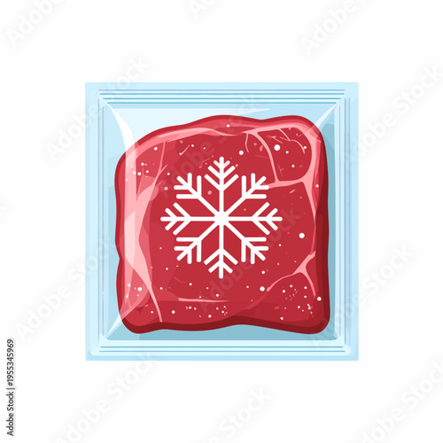 A vibrant digital illustration showcasing a translucent red ice cube with a detailed white snowflake at its center, set against a light blue square backdrop, viewed from a frontal perspective