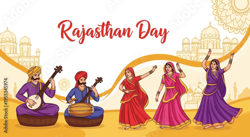 Illustration of traditional Rajasthani musicians and dancers celebrating Rajasthan Day with vibrant costumes and folk instruments against a desert cityscape background.