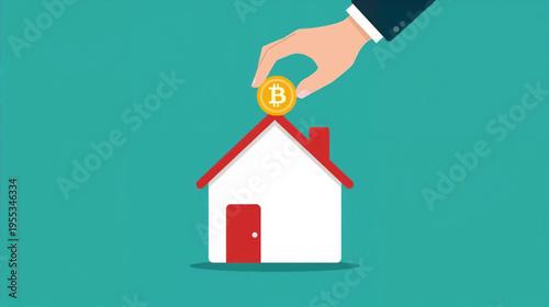 illustration of a hand placing a bitcoin  onto the roof of a small house