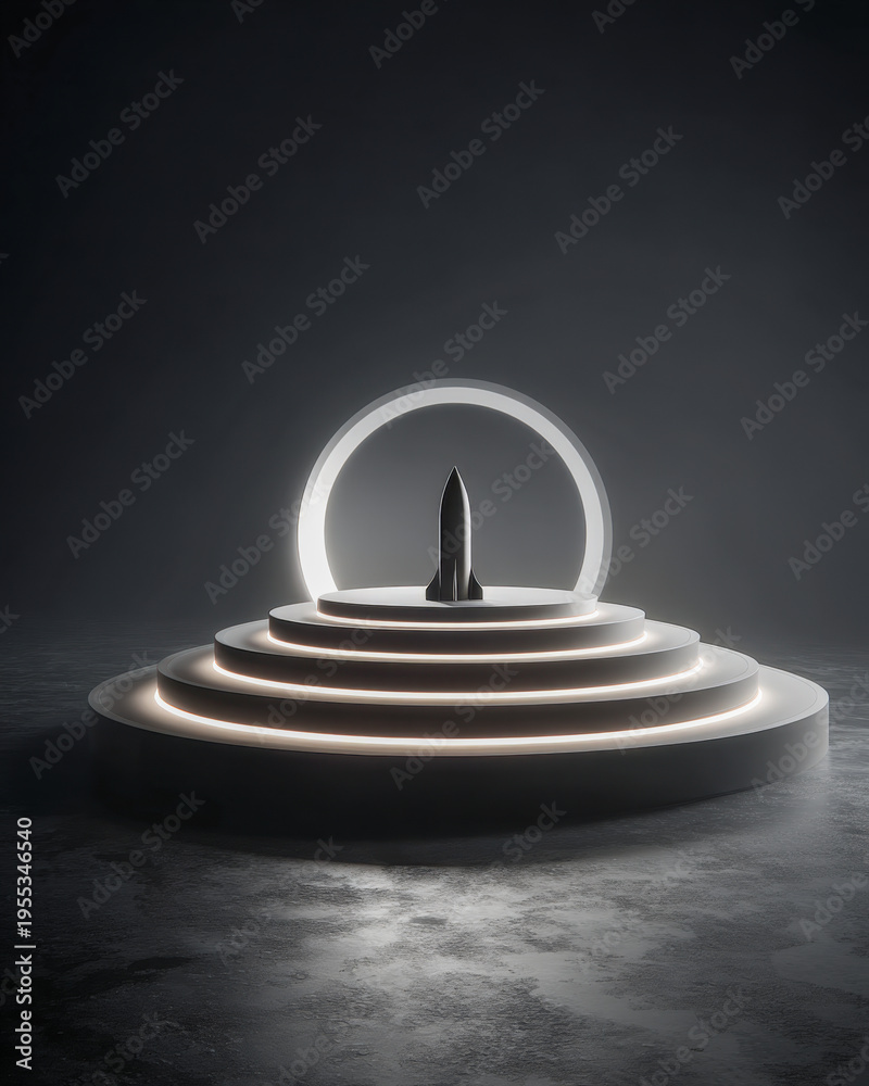 Fototapeta premium Minimal rocket silhouette rising through concentric rings on dark reflective stage