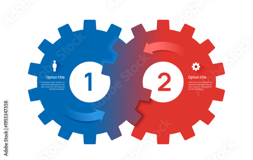 Venn diagram business infographic gear circle chart template 2 options, presentation with icons elements vector illustration.